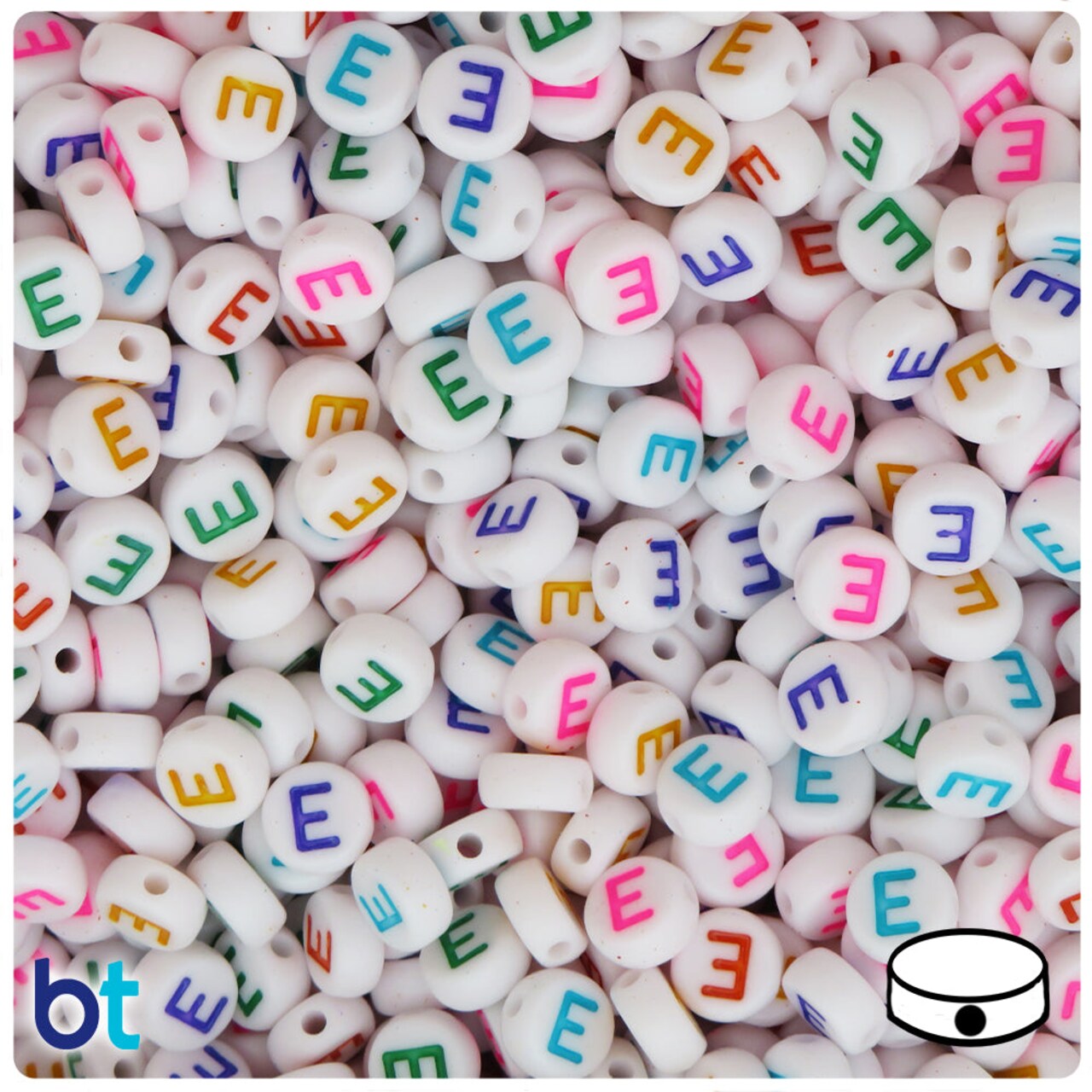 BeadTin White Opaque 7mm Coin Plastic Alpha Beads - Colored Letter E (100pcs)